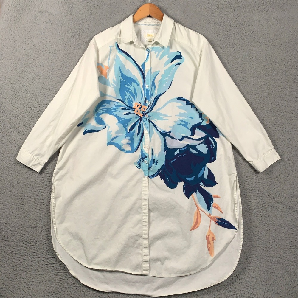 Maeve Floral Graphic Shirt Dress Women Large Cream Blue High Low Button Down
